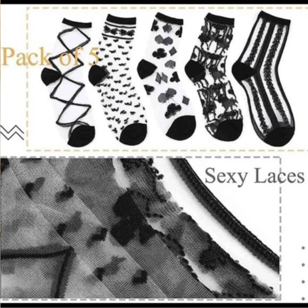 5 Pairs Ultra Thin Socks Black Sheer Mesh Transparent Socks Lace Fishnet